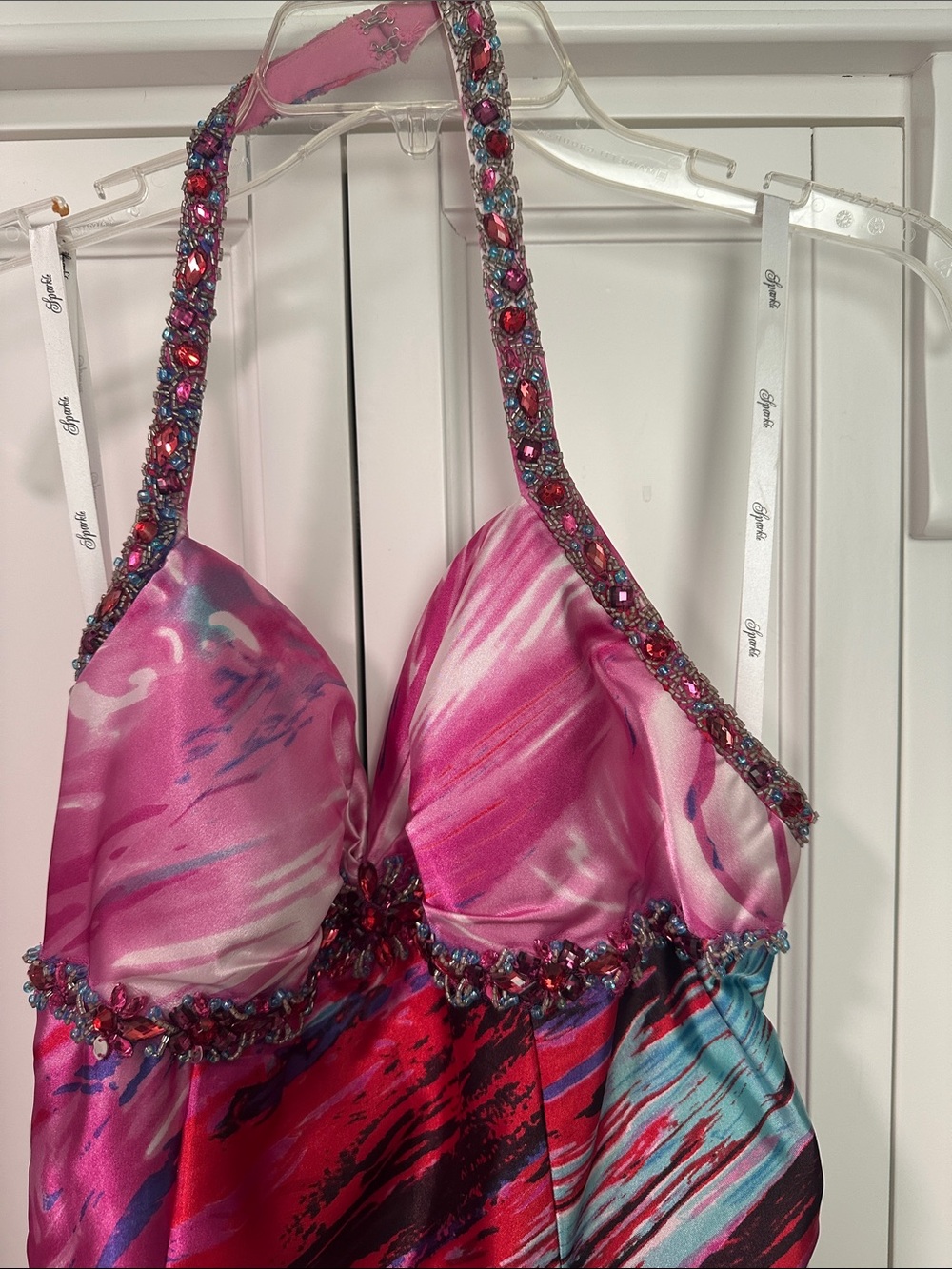 Sparkle Jeweled Halter Dress in Pink & Turquoise Accents